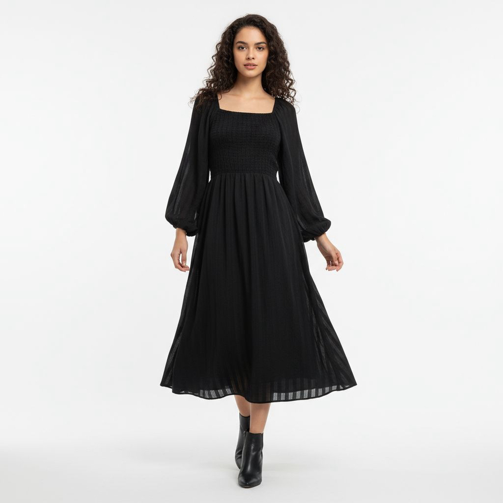 Madewell Black Square Neck Smocked Midi Dress - Medium